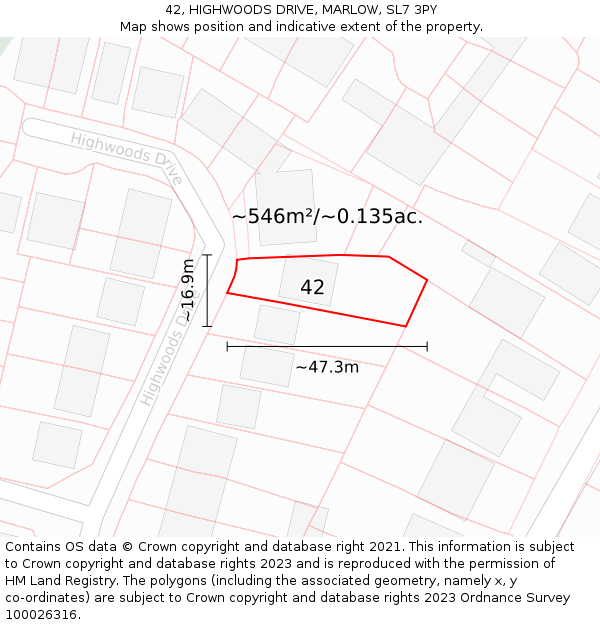 42, HIGHWOODS DRIVE, MARLOW, SL7 3PY: Plot and title map