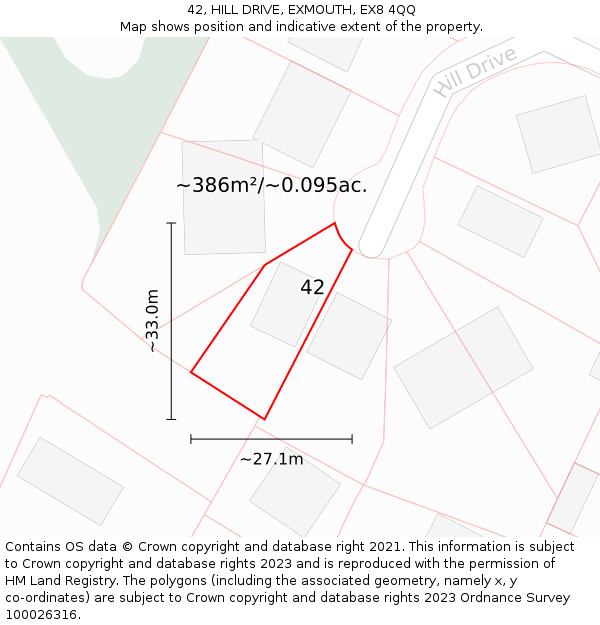 42, HILL DRIVE, EXMOUTH, EX8 4QQ: Plot and title map