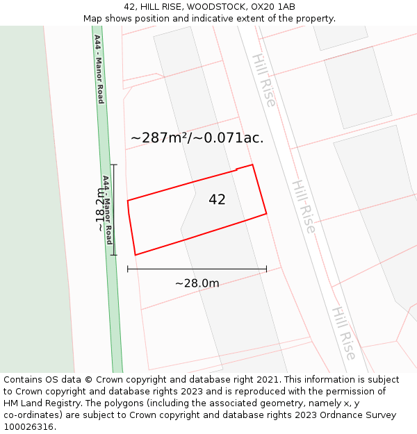 42, HILL RISE, WOODSTOCK, OX20 1AB: Plot and title map