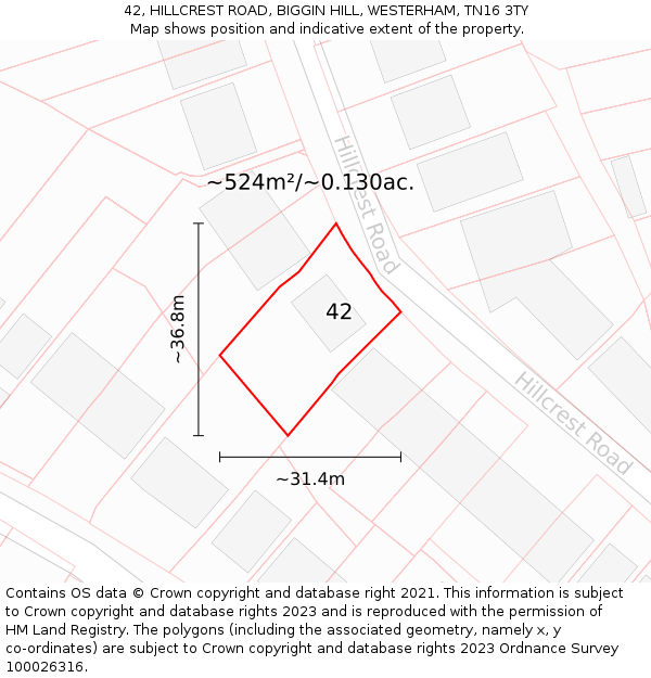 42, HILLCREST ROAD, BIGGIN HILL, WESTERHAM, TN16 3TY: Plot and title map