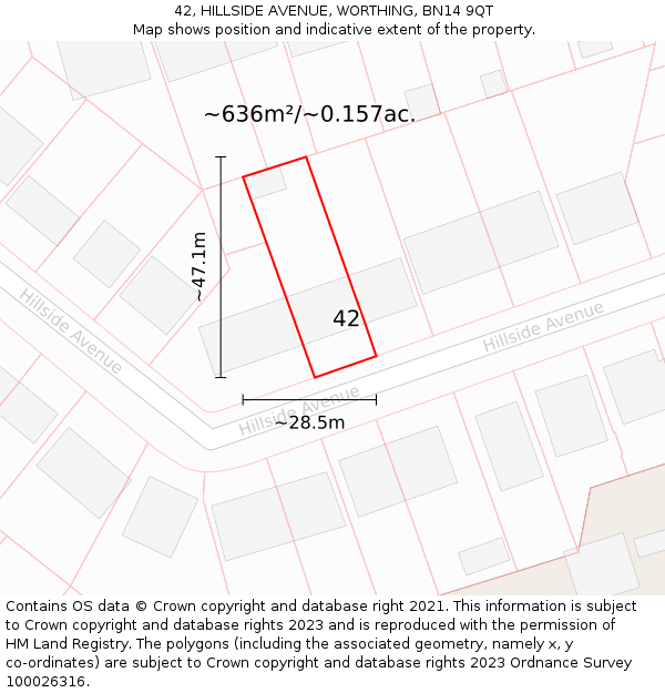 42, HILLSIDE AVENUE, WORTHING, BN14 9QT: Plot and title map
