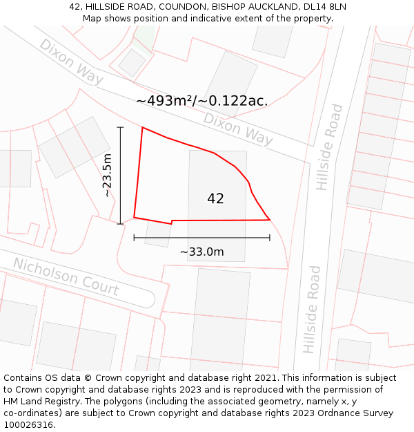 42, HILLSIDE ROAD, COUNDON, BISHOP AUCKLAND, DL14 8LN: Plot and title map