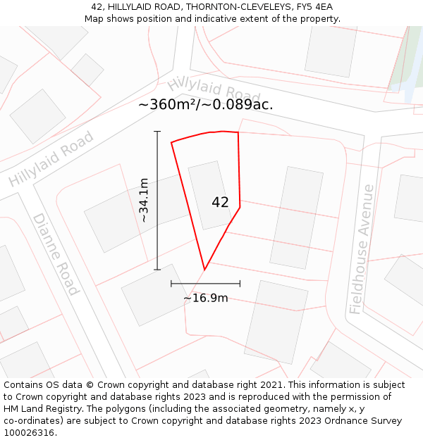 42, HILLYLAID ROAD, THORNTON-CLEVELEYS, FY5 4EA: Plot and title map
