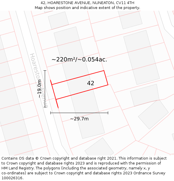 42, HOARESTONE AVENUE, NUNEATON, CV11 4TH: Plot and title map