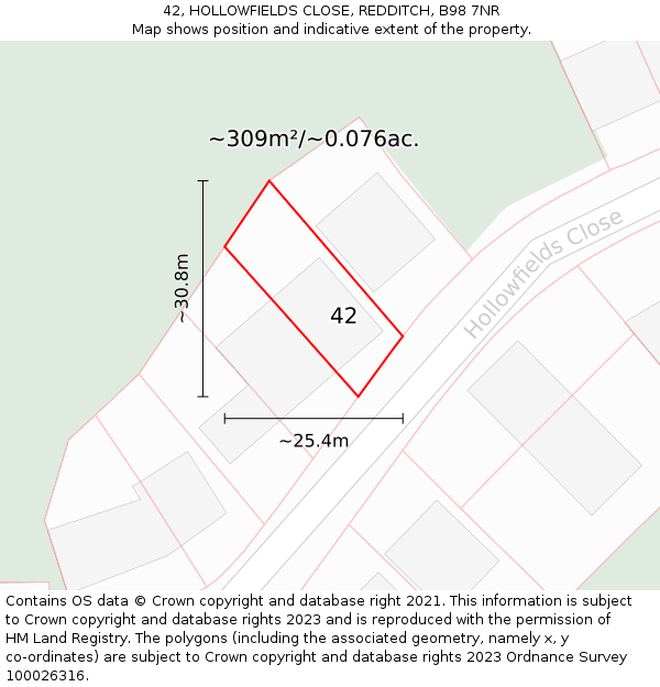 42, HOLLOWFIELDS CLOSE, REDDITCH, B98 7NR: Plot and title map
