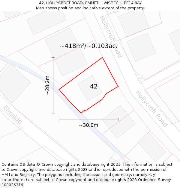 42, HOLLYCROFT ROAD, EMNETH, WISBECH, PE14 8AY: Plot and title map