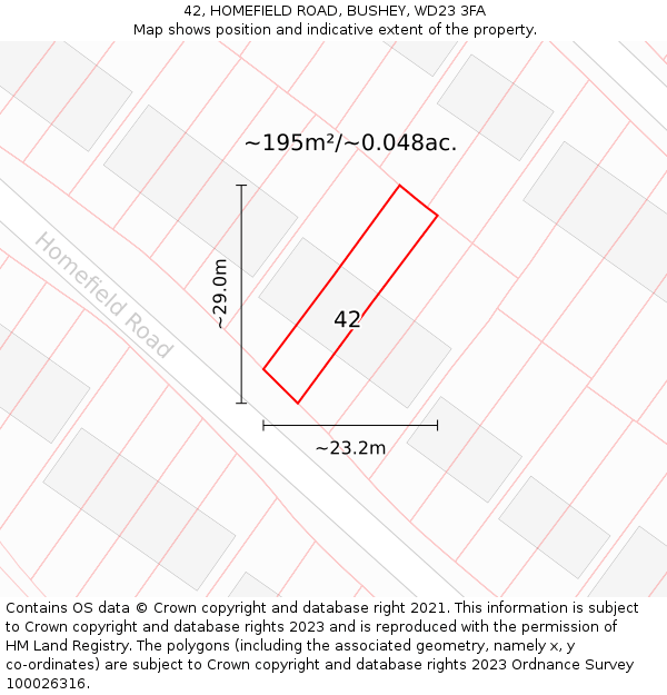 42, HOMEFIELD ROAD, BUSHEY, WD23 3FA: Plot and title map