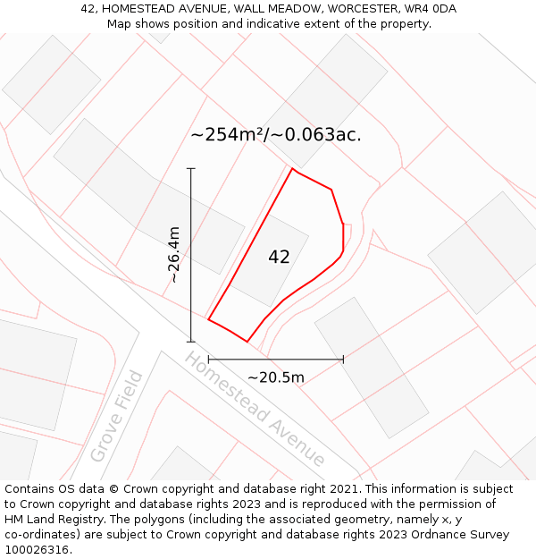 42, HOMESTEAD AVENUE, WALL MEADOW, WORCESTER, WR4 0DA: Plot and title map
