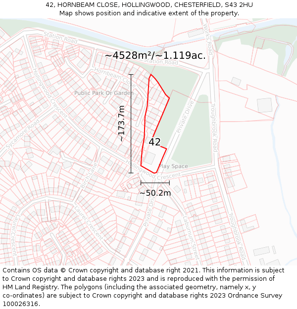 42, HORNBEAM CLOSE, HOLLINGWOOD, CHESTERFIELD, S43 2HU: Plot and title map