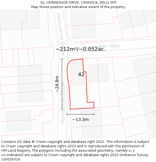 42, HORSESHOE DRIVE, CANNOCK, WS12 0FR: Plot and title map