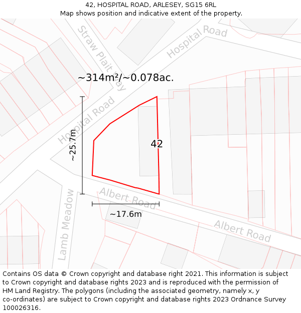 42, HOSPITAL ROAD, ARLESEY, SG15 6RL: Plot and title map
