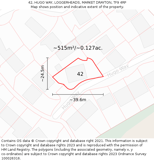 42, HUGO WAY, LOGGERHEADS, MARKET DRAYTON, TF9 4RP: Plot and title map