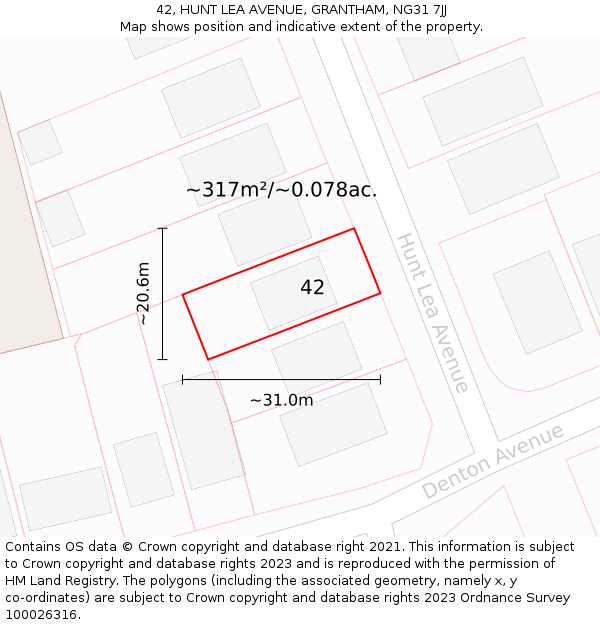 42, HUNT LEA AVENUE, GRANTHAM, NG31 7JJ: Plot and title map
