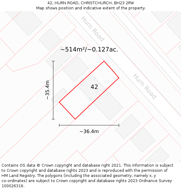 42, HURN ROAD, CHRISTCHURCH, BH23 2RW: Plot and title map