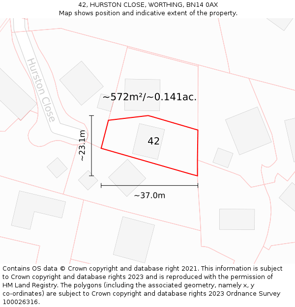 42, HURSTON CLOSE, WORTHING, BN14 0AX: Plot and title map