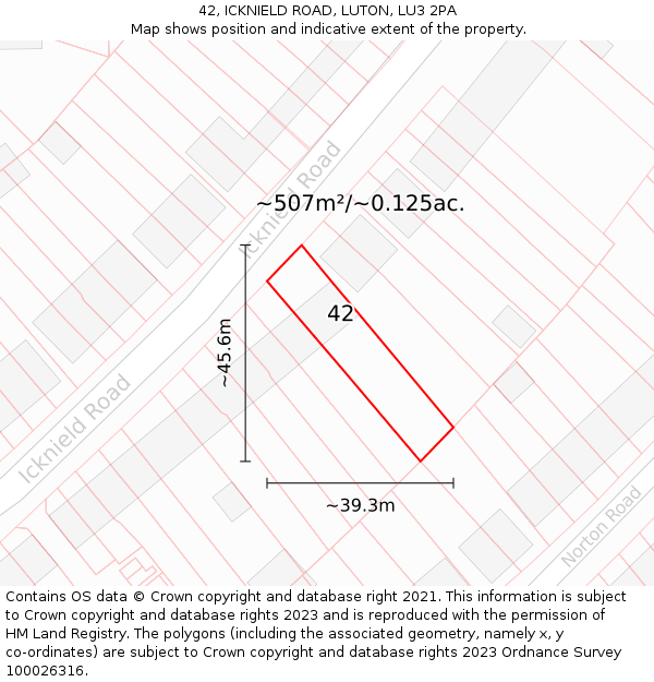 42, ICKNIELD ROAD, LUTON, LU3 2PA: Plot and title map