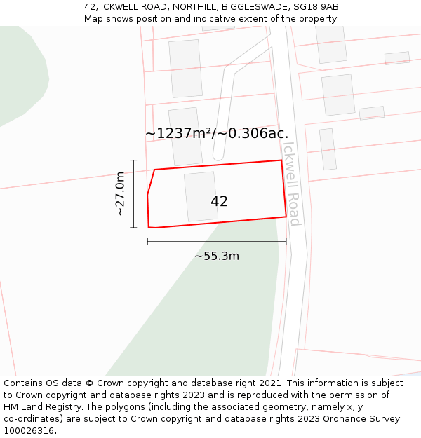 42, ICKWELL ROAD, NORTHILL, BIGGLESWADE, SG18 9AB: Plot and title map