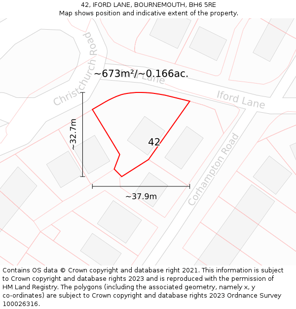 42, IFORD LANE, BOURNEMOUTH, BH6 5RE: Plot and title map