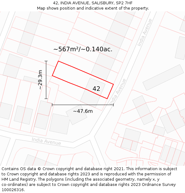 42, INDIA AVENUE, SALISBURY, SP2 7HF: Plot and title map