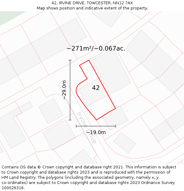 42, IRVINE DRIVE, TOWCESTER, NN12 7AX: Plot and title map