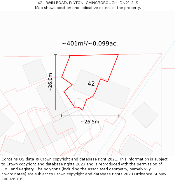 42, IRWIN ROAD, BLYTON, GAINSBOROUGH, DN21 3LS: Plot and title map