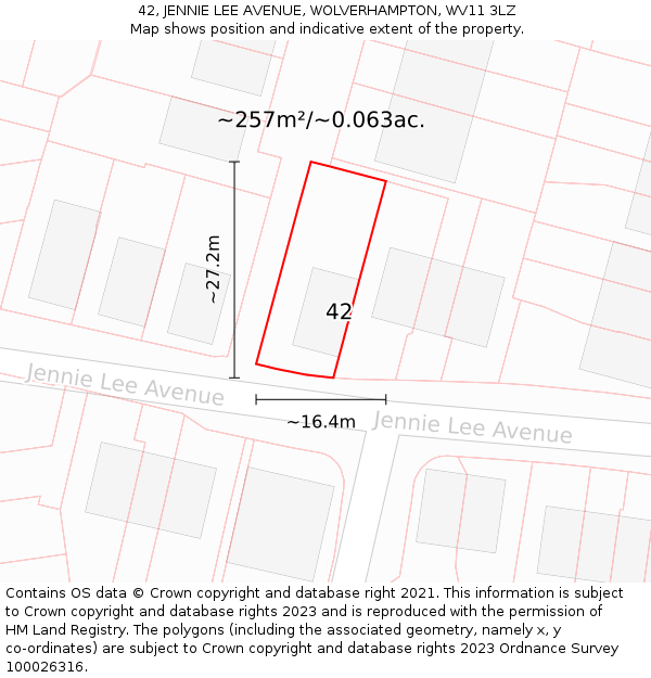 42, JENNIE LEE AVENUE, WOLVERHAMPTON, WV11 3LZ: Plot and title map