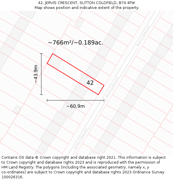 42, JERVIS CRESCENT, SUTTON COLDFIELD, B74 4PW: Plot and title map