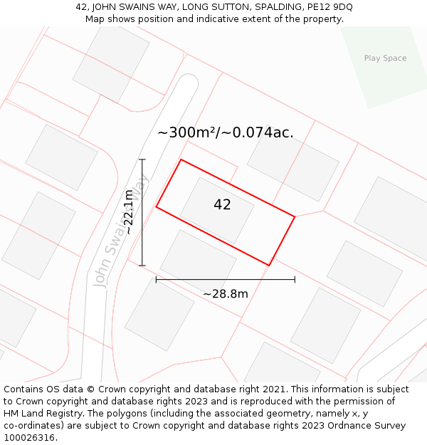 42, JOHN SWAINS WAY, LONG SUTTON, SPALDING, PE12 9DQ: Plot and title map