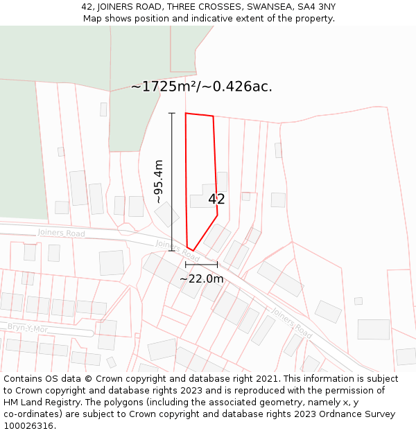 42, JOINERS ROAD, THREE CROSSES, SWANSEA, SA4 3NY: Plot and title map