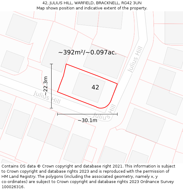 42, JULIUS HILL, WARFIELD, BRACKNELL, RG42 3UN: Plot and title map
