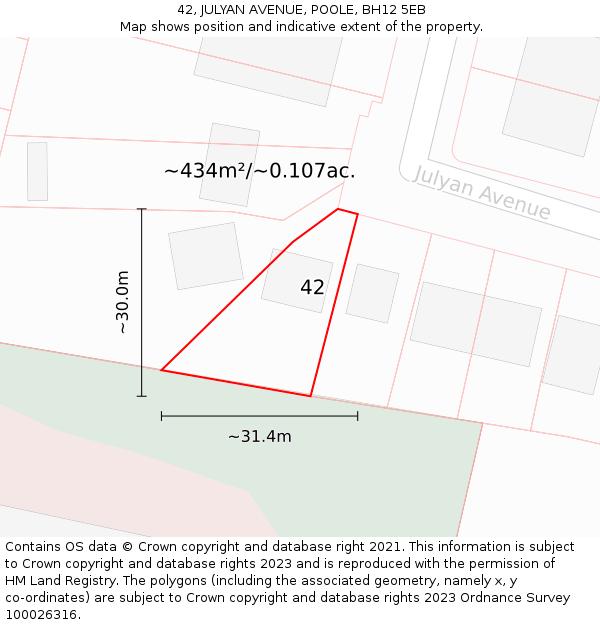 42, JULYAN AVENUE, POOLE, BH12 5EB: Plot and title map
