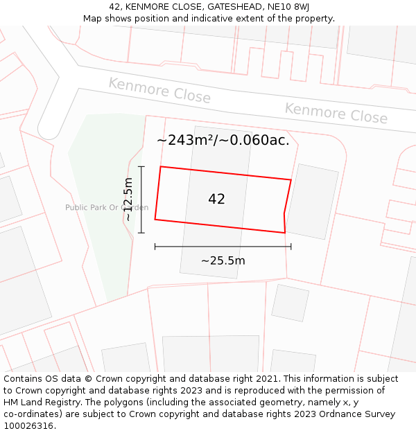 42, KENMORE CLOSE, GATESHEAD, NE10 8WJ: Plot and title map