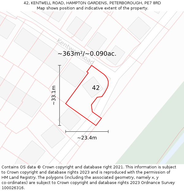 42, KENTWELL ROAD, HAMPTON GARDENS, PETERBOROUGH, PE7 8RD: Plot and title map