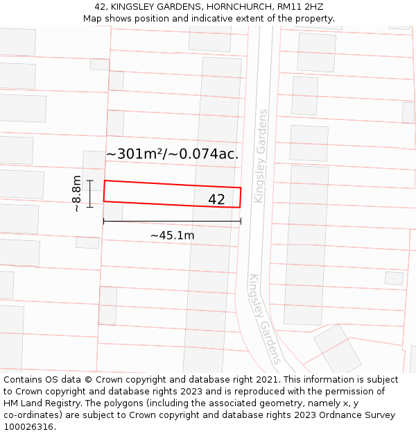 42, KINGSLEY GARDENS, HORNCHURCH, RM11 2HZ: Plot and title map