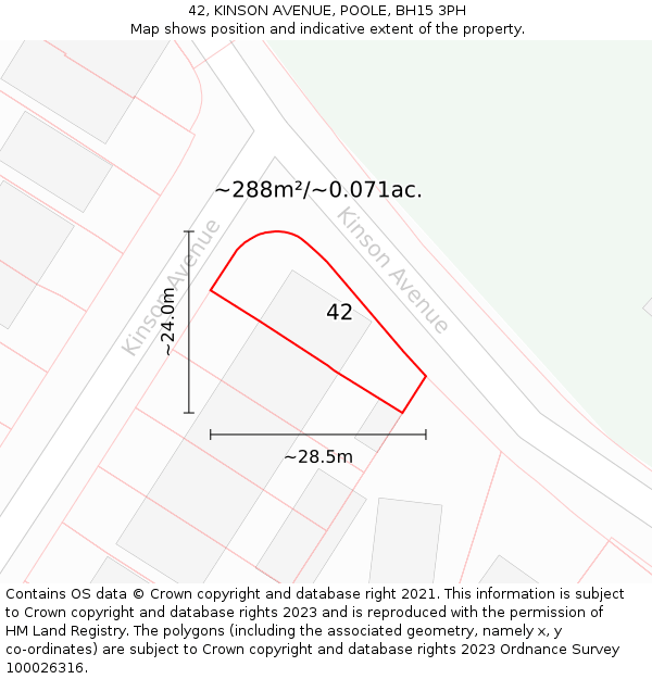 42, KINSON AVENUE, POOLE, BH15 3PH: Plot and title map