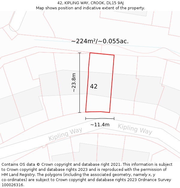 42, KIPLING WAY, CROOK, DL15 9AJ: Plot and title map