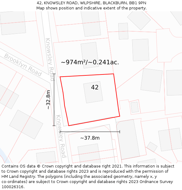 42, KNOWSLEY ROAD, WILPSHIRE, BLACKBURN, BB1 9PN: Plot and title map