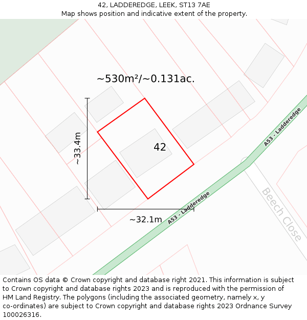 42, LADDEREDGE, LEEK, ST13 7AE: Plot and title map