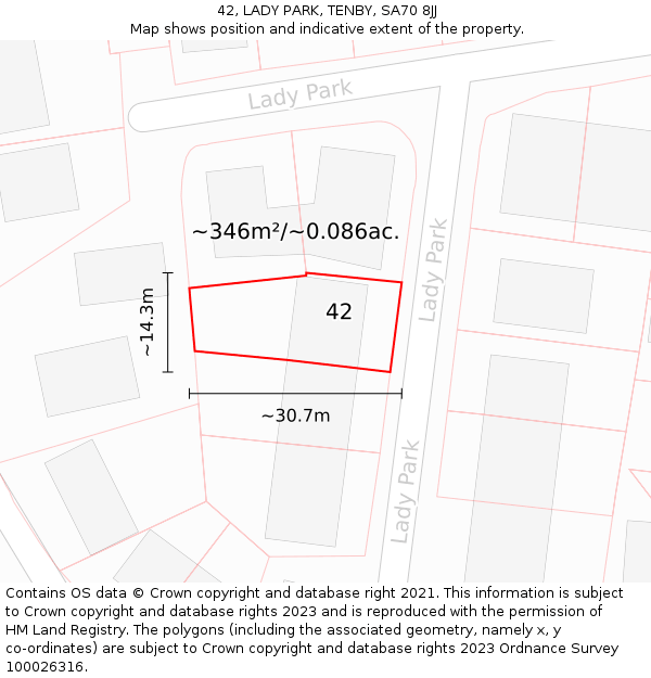 42, LADY PARK, TENBY, SA70 8JJ: Plot and title map
