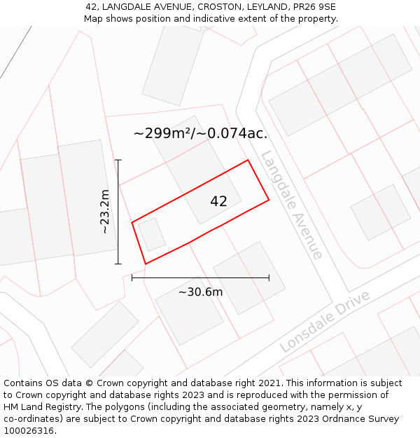 42, LANGDALE AVENUE, CROSTON, LEYLAND, PR26 9SE: Plot and title map