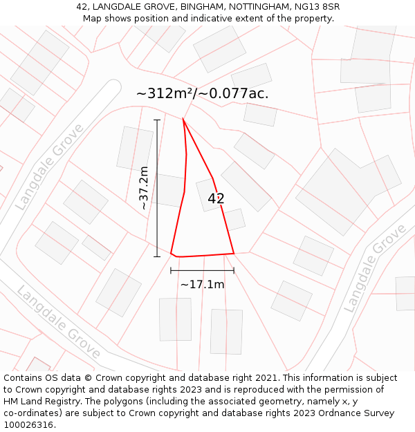 42, LANGDALE GROVE, BINGHAM, NOTTINGHAM, NG13 8SR: Plot and title map