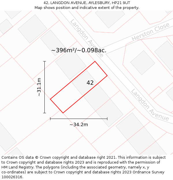 42, LANGDON AVENUE, AYLESBURY, HP21 9UT: Plot and title map