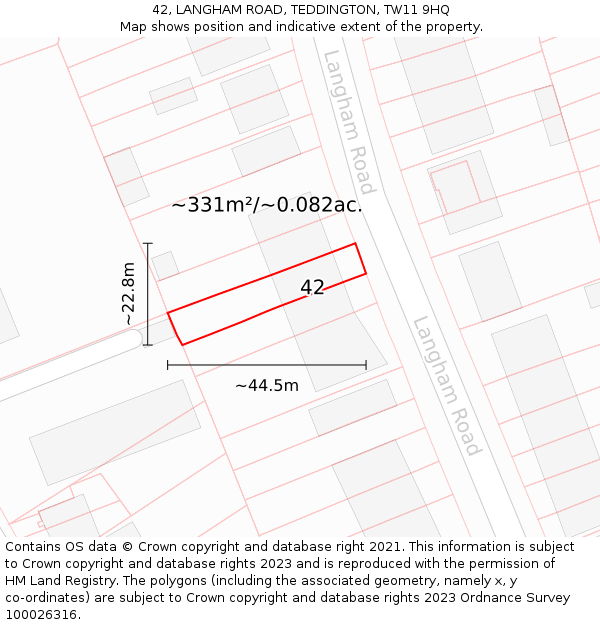 42, LANGHAM ROAD, TEDDINGTON, TW11 9HQ: Plot and title map