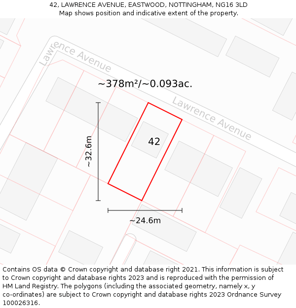 42, LAWRENCE AVENUE, EASTWOOD, NOTTINGHAM, NG16 3LD: Plot and title map