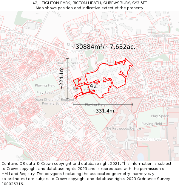 42, LEIGHTON PARK, BICTON HEATH, SHREWSBURY, SY3 5FT: Plot and title map