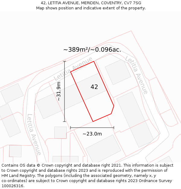 42, LETITIA AVENUE, MERIDEN, COVENTRY, CV7 7SG: Plot and title map