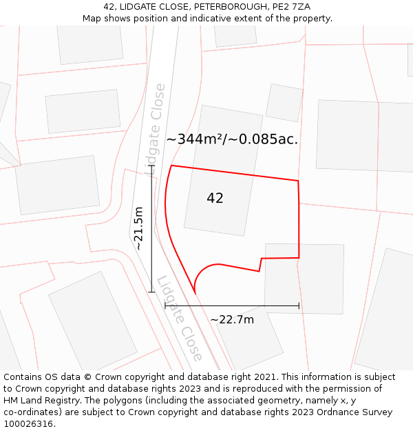 42, LIDGATE CLOSE, PETERBOROUGH, PE2 7ZA: Plot and title map