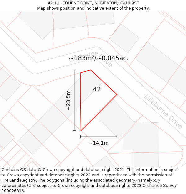 42, LILLEBURNE DRIVE, NUNEATON, CV10 9SE: Plot and title map