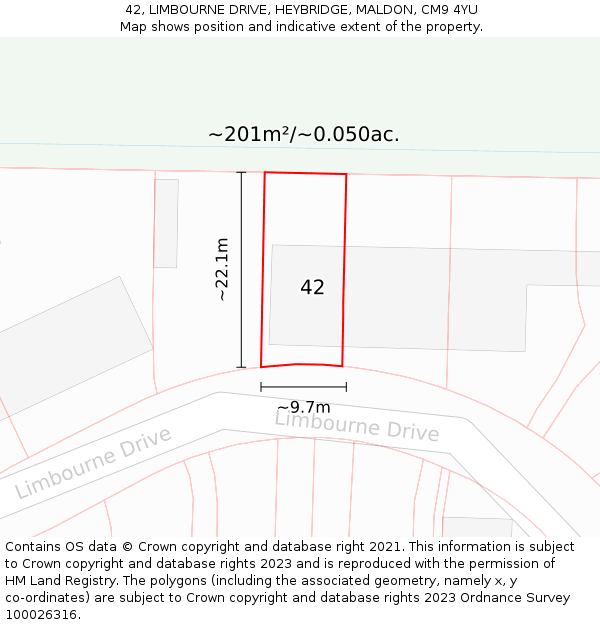 42, LIMBOURNE DRIVE, HEYBRIDGE, MALDON, CM9 4YU: Plot and title map
