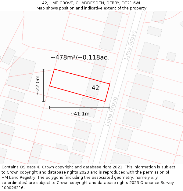 42, LIME GROVE, CHADDESDEN, DERBY, DE21 6WL: Plot and title map